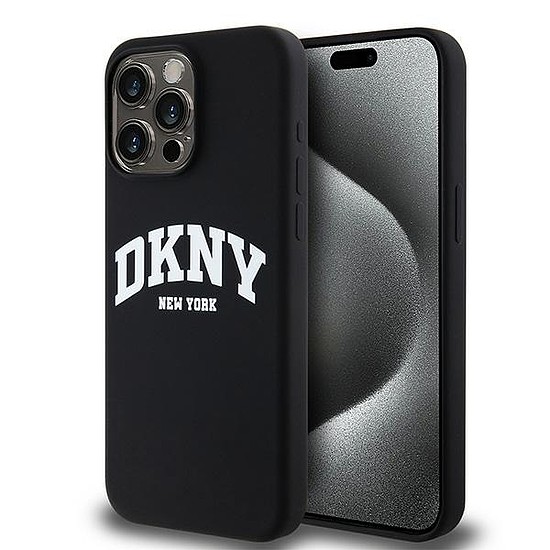 DKNY Liquid Silicone White Printed Logó MagSafe tok iPhone 15 Pro Max készülékhez - fekete