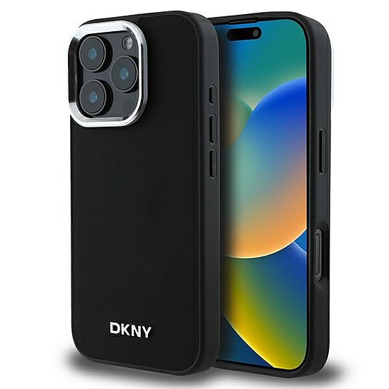 DKNY Sima ezüst logós MagSafe iPhone 16 Pro tok - fekete