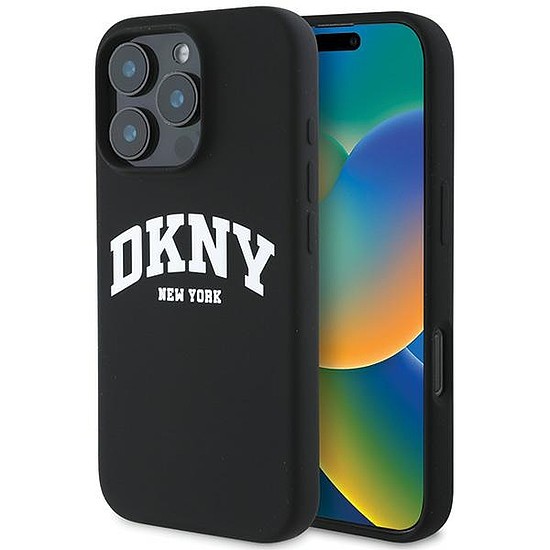 DKNY szilikon fehér nyomott logóval ellátott MagSafe tok iPhone 16 Pro Max készülékhez - fekete