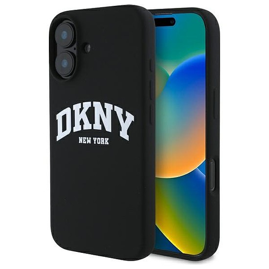 DKNY szilikon fehér nyomott logóval MagSafe iPhone 16 tok - fekete