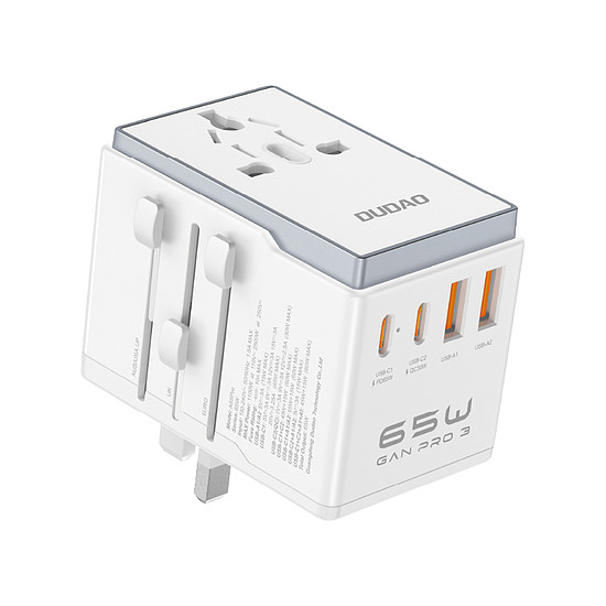 Dudao A65Pro 65W EU / US / JP / AUS / UK utazási adapter 2x USB-C 2x USB-A - fehér