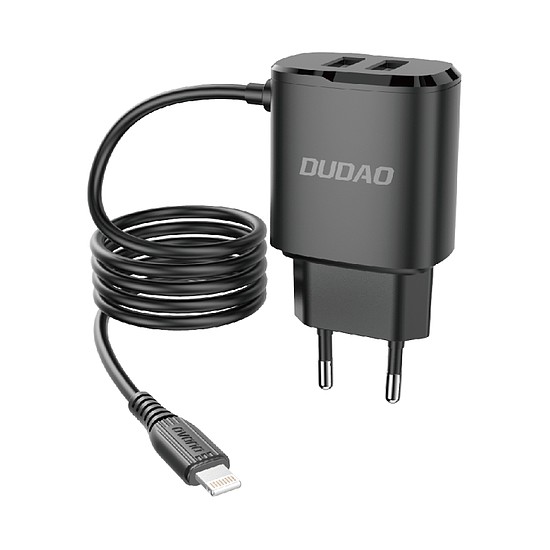 Dudao töltő 2x USB beépített 12W Lightning kábellel fekete (A2ProL fekete)