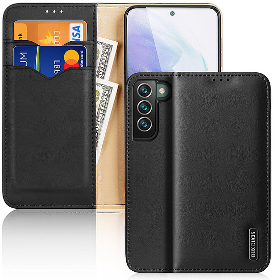 Dux Ducis Hivo Bőr Flip Cover Valódi bőr pénztárca kártyákhoz és dokumentumokhoz Samsung Galaxy S22 + (S22 Plus) fekete