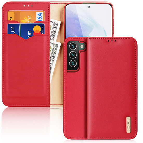 Dux Ducis Hivo Bőr Flip Cover Valódi bőr pénztárca kártyákhoz és dokumentumokhoz Samsung Galaxy S22 + (S22 Plus) Red