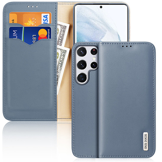 Dux Ducis Hivo Bőr Flip Cover Valódi bőr pénztárca kártyákhoz és dokumentumokhoz Samsung Galaxy S22 Ultra Blue