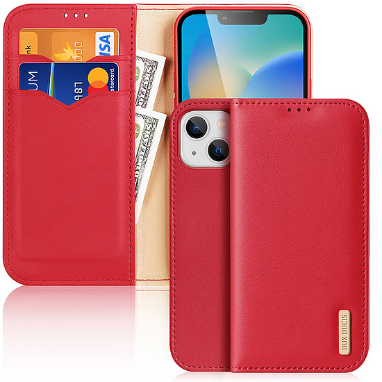 Dux Ducis Hivo Bőr Flip Cover Valódi bőr pénztárca kártyákhoz és dokumentumokhoz iPhone 14 Plus Red