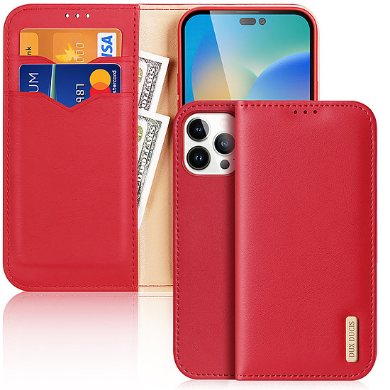 Dux Ducis Hivo Bőr Flip Cover Valódi bőr pénztárca kártyákhoz és dokumentumokhoz iPhone 14 Pro Max Red