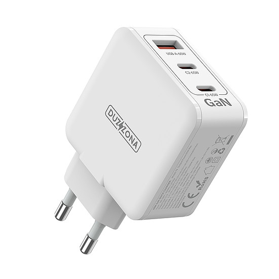 Duzzona - Fali töltő 3 az 1-ben (T9) - USB, 2x USB-C, GaN gyorstöltés 65 W - fehér (KF2313408)