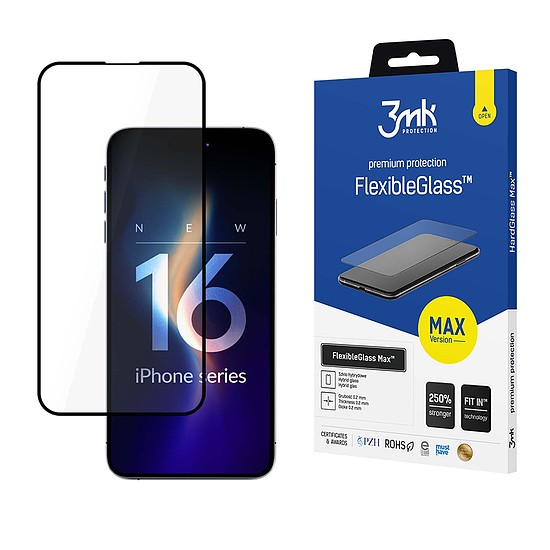 Edzett üveg 3mk FlexibleGlass Max fekete kerettel iPhone 16-hoz