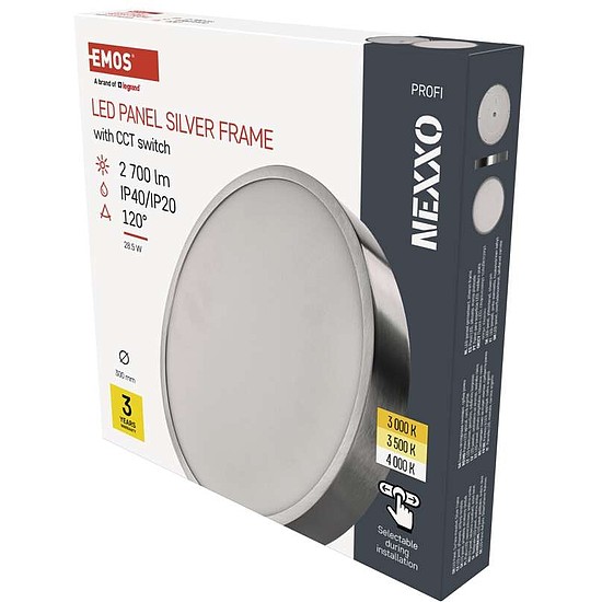 EMOS LED felületi lámpatest NEXXO, kerek, ezüst, 28,5W, CCT