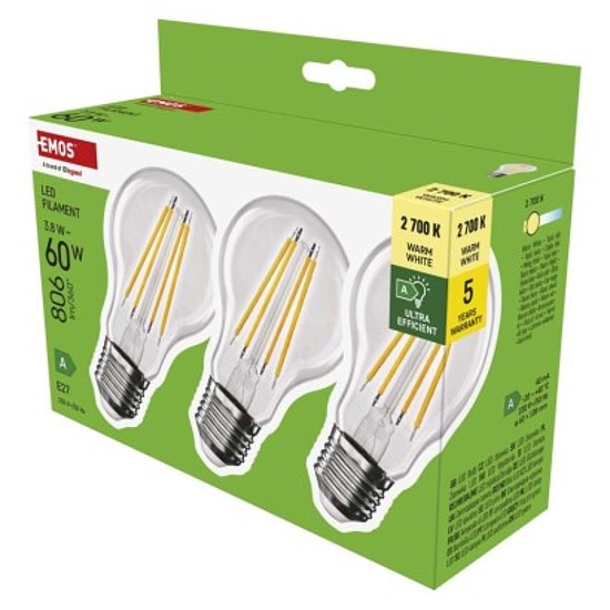 EMOS LED izzó Filament A60-körte / E27 / 3,8 W (60 W) / 806 lm / meleg fehér. 3db/doboz