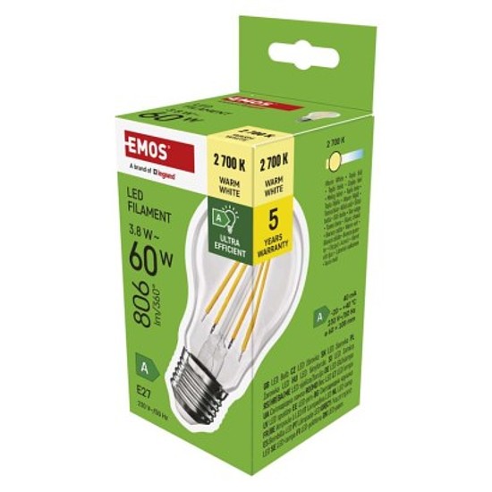 EMOS LED izzó Filament A60-körte / E27 / 3,8 W (60 W) / 806 lm / meleg fehér