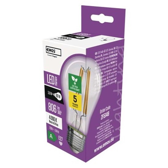 EMOS LED izzó Filament A60-körte / E27 / 3,8 W (60 W) / 806 lm / természetes fehér