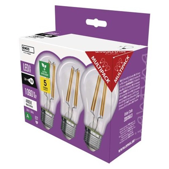 EMOS LED izzó Filament A60-körte / E27 / 5 W (75 W) / 1 060 lm / természetes fehér. 3db/doboz