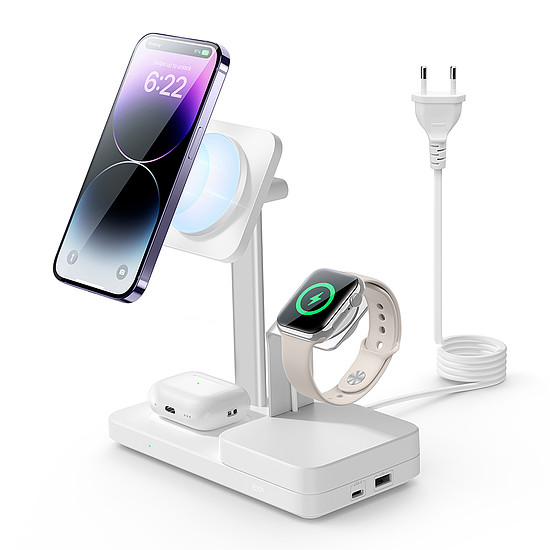 ESR - Prémium 5 az 1-ben vezeték nélküli HaloLock töltőállomás (6E004) - GaN-nel, iPhone MagSafe, AirPods, Apple Watch, 65 W - Fehér