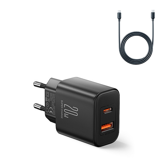 EU Joyroom JR-TCF05 20W USB-A USB-C töltő + USB-C kábel - fekete