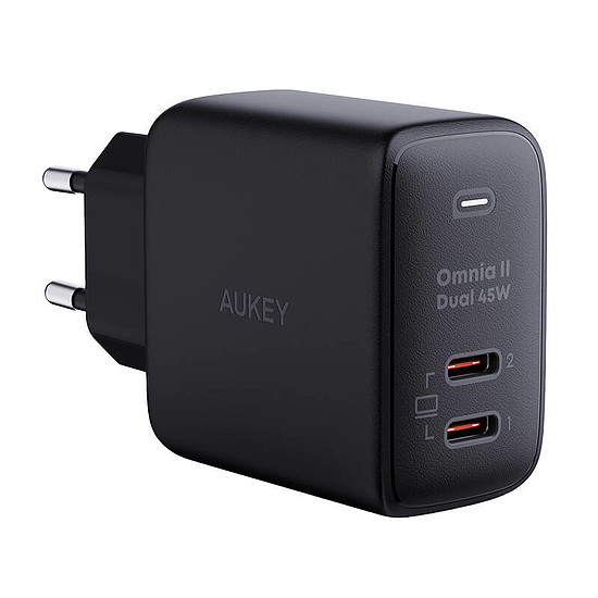 Fali töltő Aukey PA-B4T, 2xUSB-C, 45W fekete