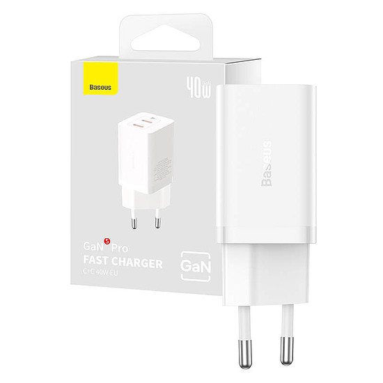 Fali töltő Baseus GaN5 40W, 2x USB C, fehér (CCGP180102)