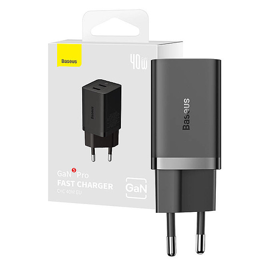 Fali töltő Baseus GaN5 40W, 2x USB C, fekete (CCGP180101)