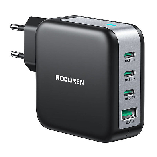 Fali töltő GaN Rocoren 3x USB-C, 1x USB, Power Delivery 3.0, 100W fekete (RCCT3P1A-ZXA01)