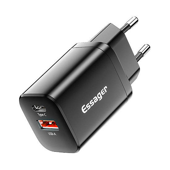 Fali töltő USB-C+USB-A 30W Essager PD+QC fekete (ECTPQS-ZTB01)