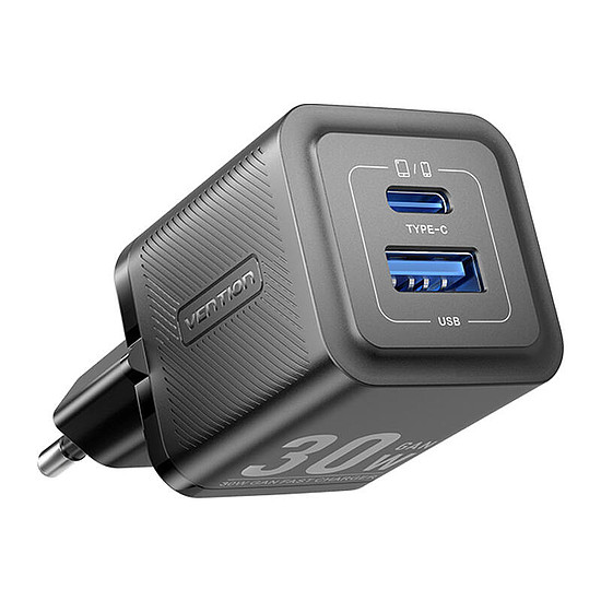 Fali töltő, Vention, FEQB0-EU, USB-C, USB-A, 30W/30W, GaN fekete