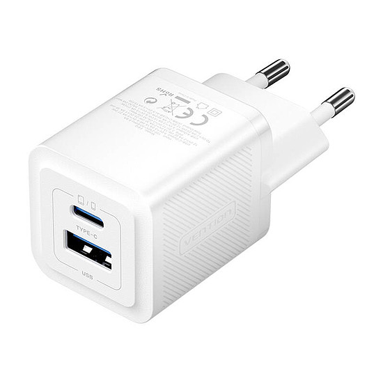 Fali töltő, Vention, FEQW0-EU, USB-C + USB-A, 30W/30W, GaN fehér