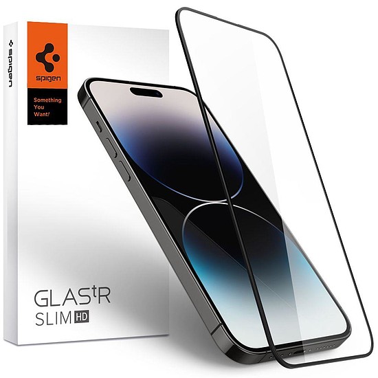 Fekete keretes edzett üveg iPhone 14 Pro Spigen Glass FC készülékhez