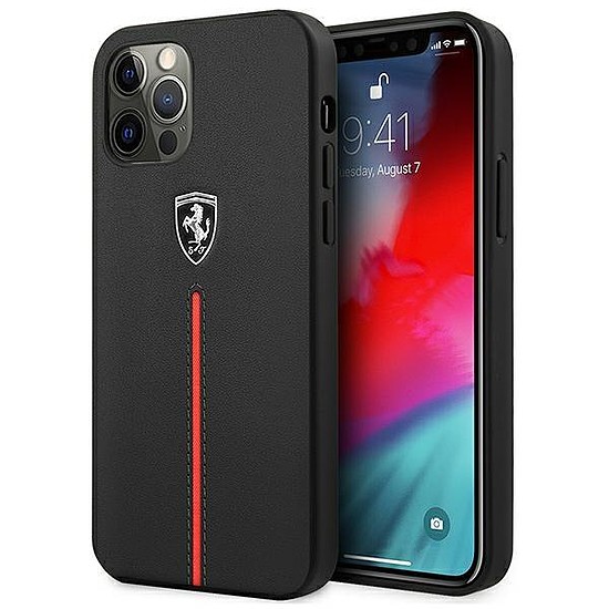 Ferrari FEOMSHCP12LBK iPhone 12 Pro Max fekete/fekete keménytok Off Track Leather Nylon Stripe