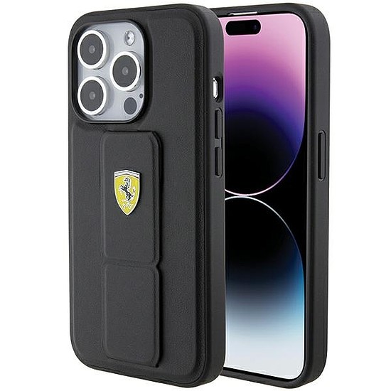 Ferrari Grip Stand fém logós tok iPhone 15 Pro-hoz - fekete