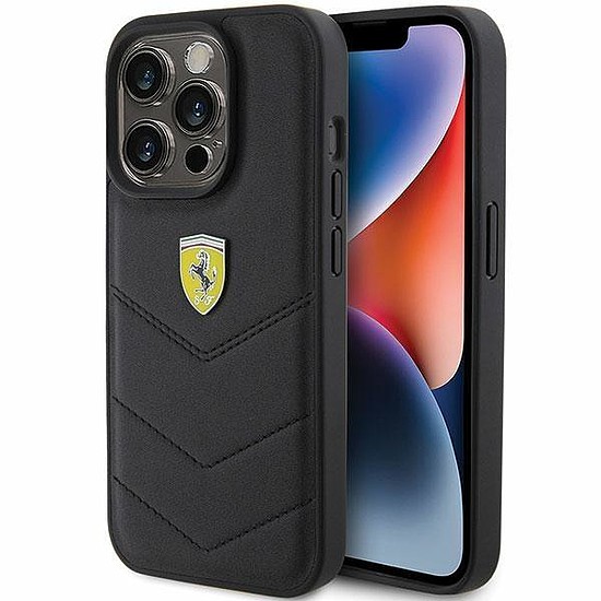 Ferrari steppelt fém logós tok iPhone 15 Pro-hoz - fekete