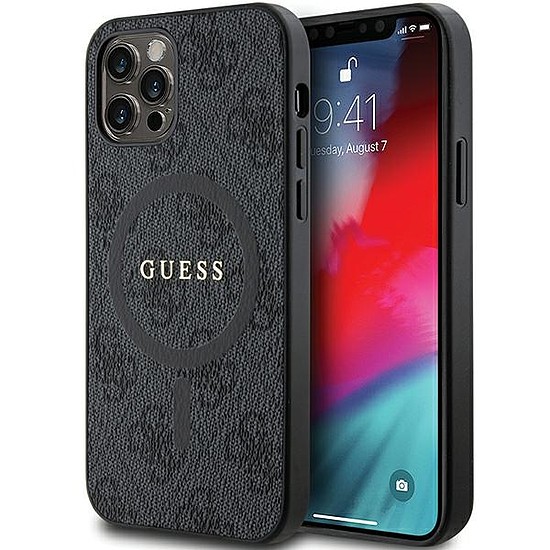 Guess 4G Collection bőr fém logó MagSafe tok iPhone 12 Pro / iPhone 12 telefonhoz - fekete