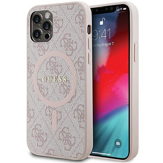 Guess 4G Collection bőr fém logó MagSafe tok iPhone 12 Pro / iPhone 12 telefonhoz - rózsaszín