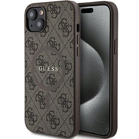 Guess 4G Collection bőr fém logó MagSafe tok iPhone 15 Plus / 14 Plus telefonhoz - barna