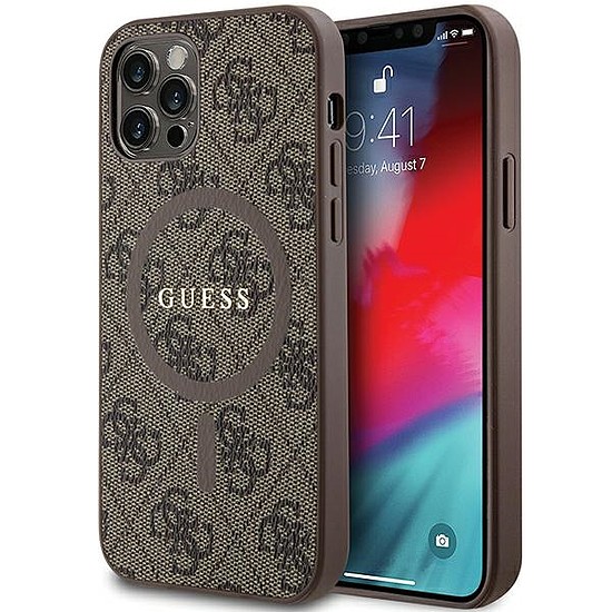 Guess 4G Collection bőr fém logós MagSafe tok iPhone 12 Pro / iPhone 12 telefonhoz - barna