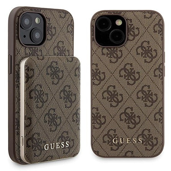 Guess 4G fém logós tokkészlet iPhone 15 + 5000mAh MagSafe power bankhoz - barna