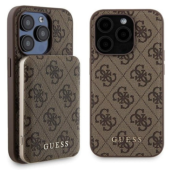 Guess 4G fém logós tokkészlet iPhone 15 Pro + 5000mAh MagSafe power bankhoz - barna