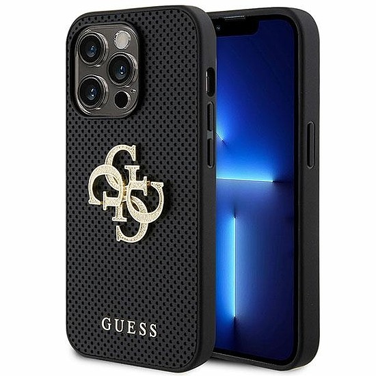 Guess bőr perforált 4G Glitter logós tok iPhone 15 Pro Max telefonhoz - fekete