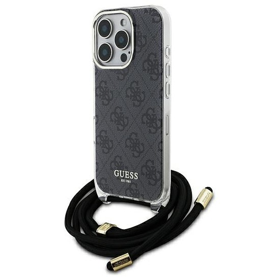 Guess Crossbody Cord 4G nyomtatótok zsinórral iPhone 16 Pro készülékhez - fekete