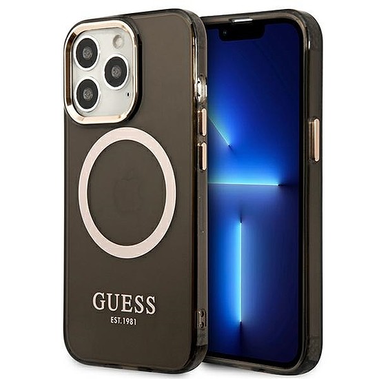 Guess Gold Outline áttetsző MagSafe tok iPhone 13 Pro / iPhone 13 telefonokhoz - fekete