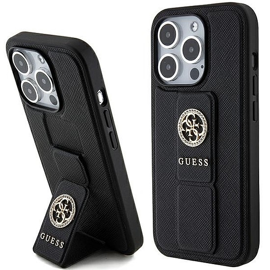 Guess Grip Stand 4G Saffiano Strass tok iPhone 15 Pro Max telefonhoz - fekete