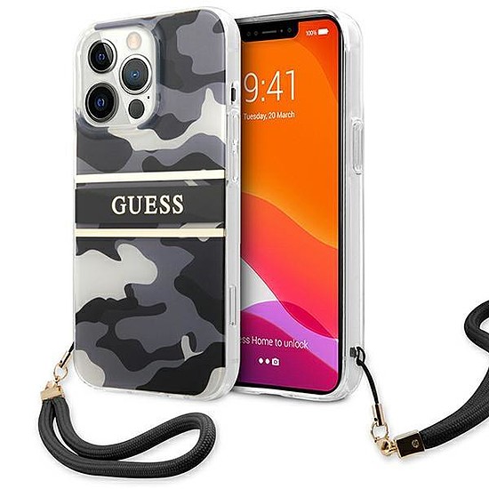 Guess GUHCP13LKCABBK iPhone 13 Pro / 13 6.1" fekete/fekete keménytokos Camo Strap Collection