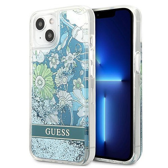 Guess GUHCP13MLFLSN iPhone 13 6.1" zöld/zöld kemény tok, Flower Liquid Glitter