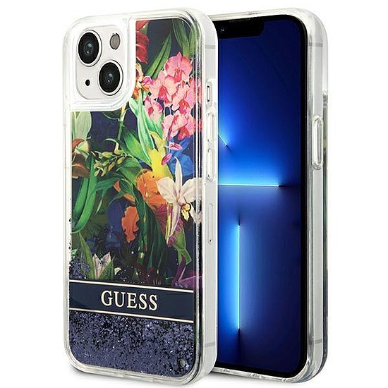 Guess GUHCP14SLFLSB iPhone 14 6.1" kék/kék keménytokos virágos folyékony csillogás