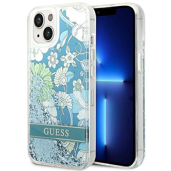 Guess GUHCP14SLFLSN iPhone 14 6.1" zöld/zöld keménytokos virágos folyékony csillogás