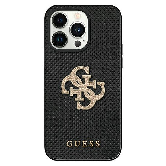 Guess GUHCP15SPSP4LGK iPhone 15 6.1" fekete/fekete keménytokos bőr perforált 4G csillogó logó