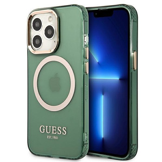 Guess GUHMP13LHTCMA iPhone 13 Pro / 13 6.1" zöld/khaki kemény tok Gold Outline áttetsző MagSafe