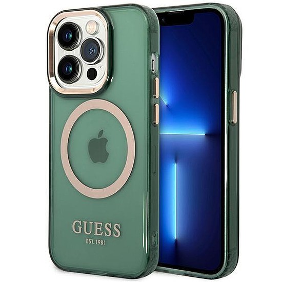 Guess GUHMP14LHTCMA iPhone 14 Pro 6.1" zöld/khaki kemény tok Gold Outline áttetsző MagSafe