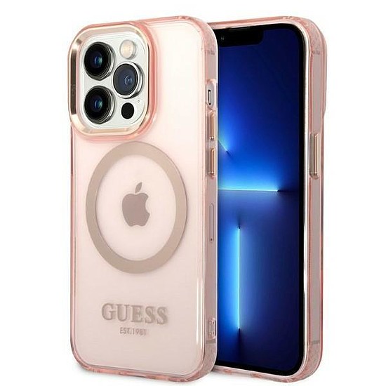 Guess GUHMP14LHTCMP iPhone 14 Pro 6.1" rózsaszín/rózsaszín kemény tok Gold Outline áttetsző MagSafe