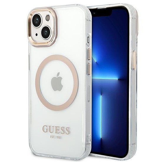 Guess GUHMP14MHTRMD iPhone 14 Plus 6.7 hüvelykes arany/arany kemény tok Metal Outline Magassafe